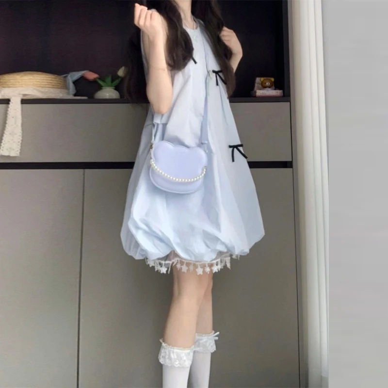 少女感蝴蝶结蓝色花苞连衣裙子女夏新款法式甜美公主蓬蓬短裙3635