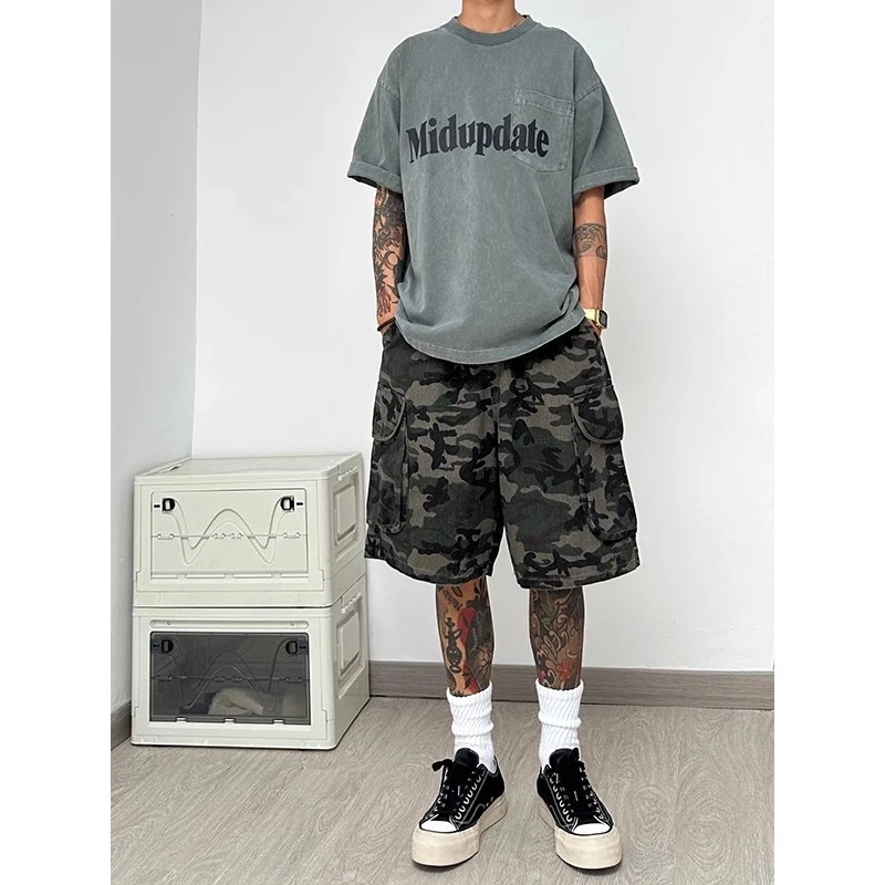 ZHIO复古迷彩短裤男夏季薄款潮牌大口袋休闲工装五分裤宽松运动裤
