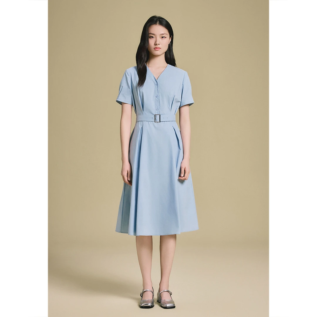 诗篇2025夏季新款时尚浅蓝色气质百搭显瘦连衣裙6C65105173