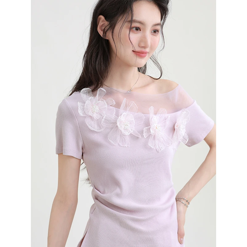 2025夏季新款紫色纯欲一字肩短袖T恤女不规则收腰显瘦体恤上衣潮