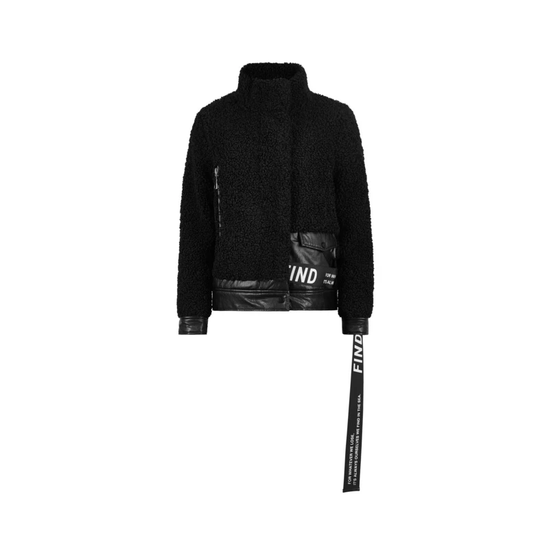 S·DEER圣迪奥女装时尚立领字母飘带仿羊羔绒短款外套S21482230