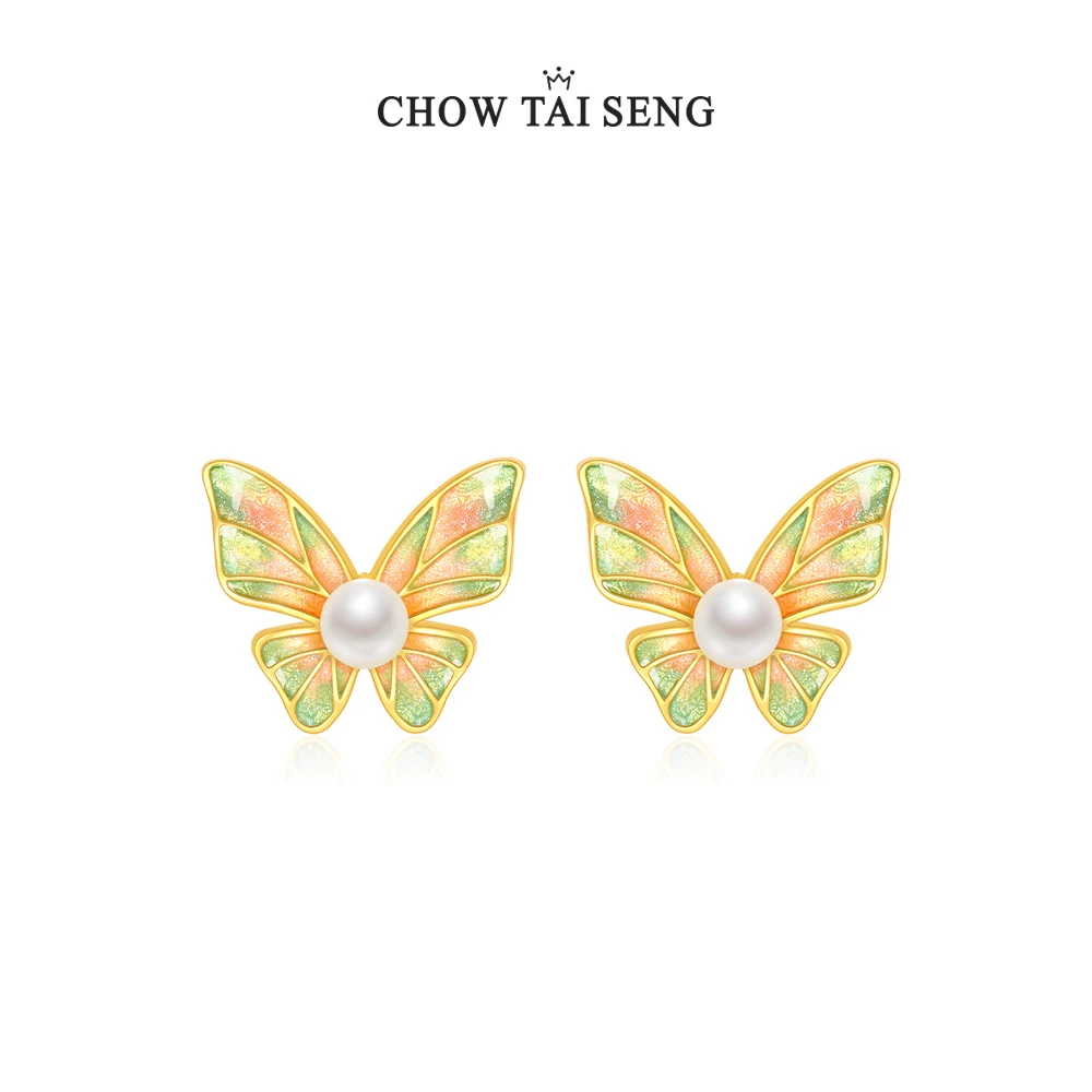 Chow Tai Seng/周大生绮梦蝶舞珍珠银925蝴蝶耳饰珐琅S1EC0591