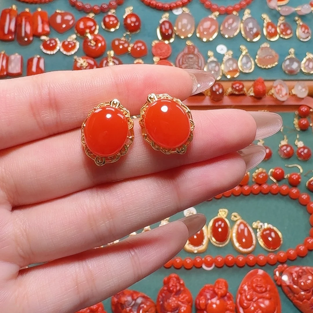 南红玛瑙银S925镶嵌耳饰