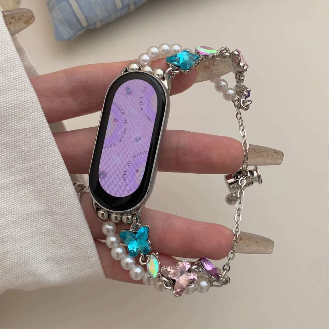 适用小米手环9/8珍珠蝴蝶钻叠戴表带链9pro高级感watch4/5腕带女