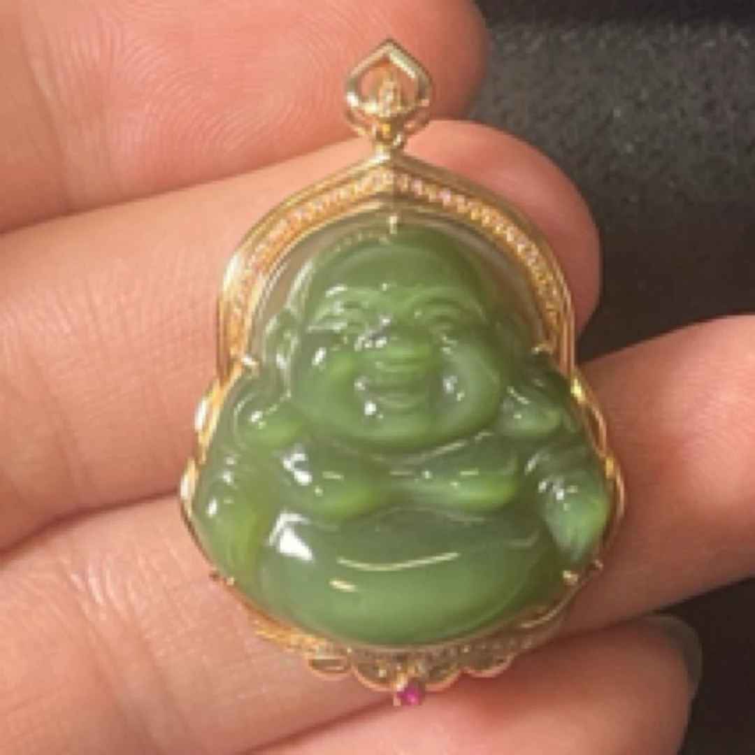 和田玉碧玉雕刻佛公挂件18k金镶嵌