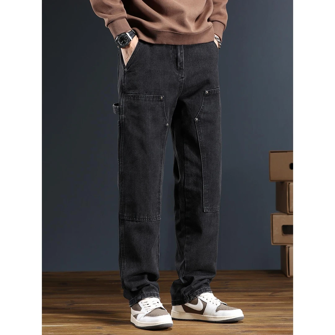 灏吉弧黑色牛仔裤男春秋季2025新款裤子美式工装伐木裤男款