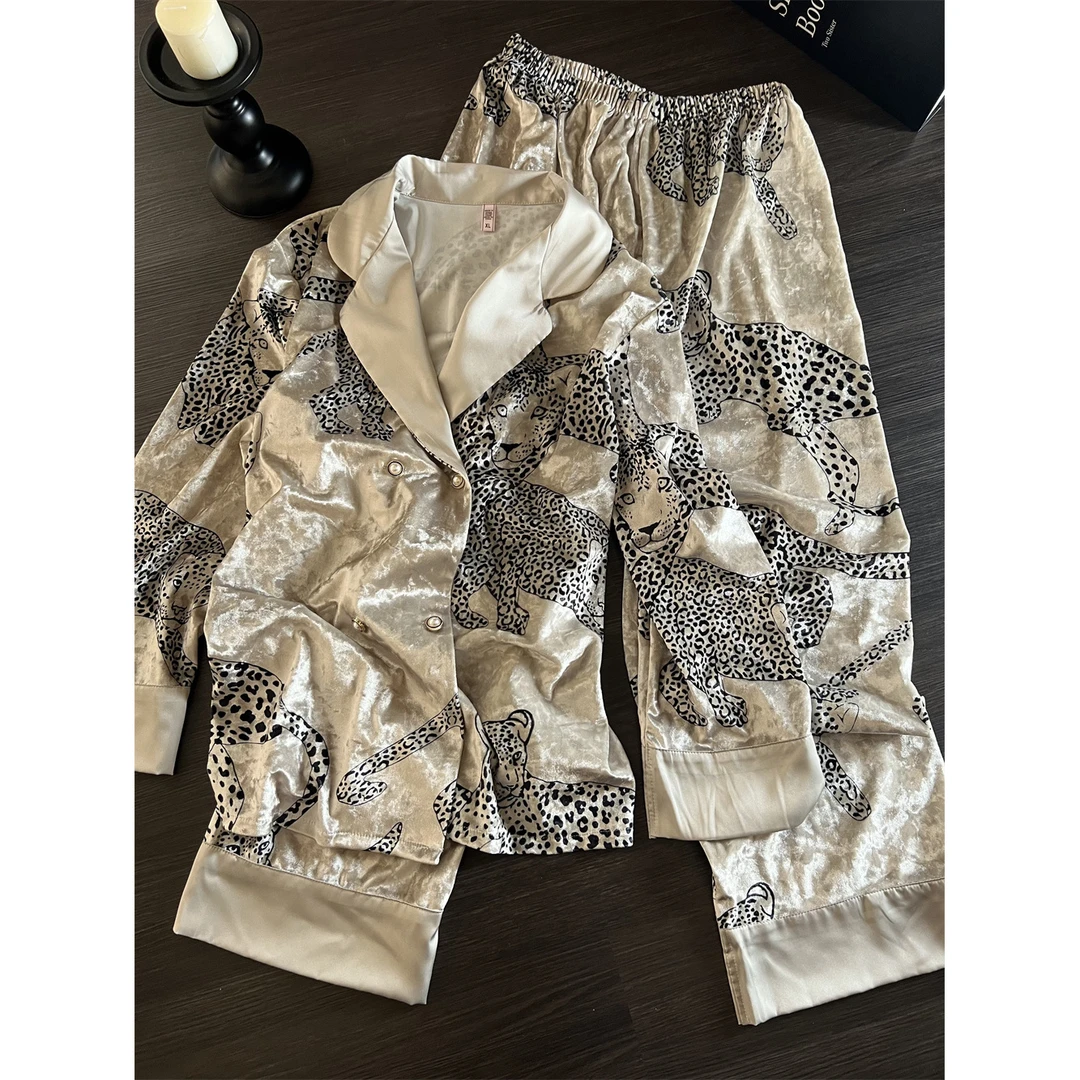 法式轻奢风豹纹金丝绒长袖睡衣女秋冬新款高级感家居服大码两件套