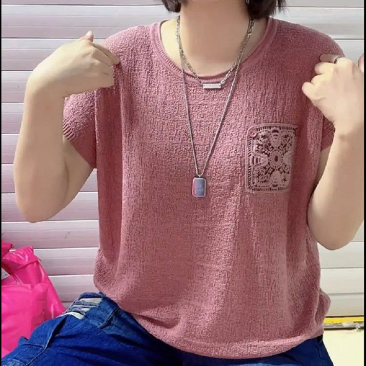 2025夏季新款女士装盘花纽扣口袋短袖纯色宽松圆领洋气打底衫