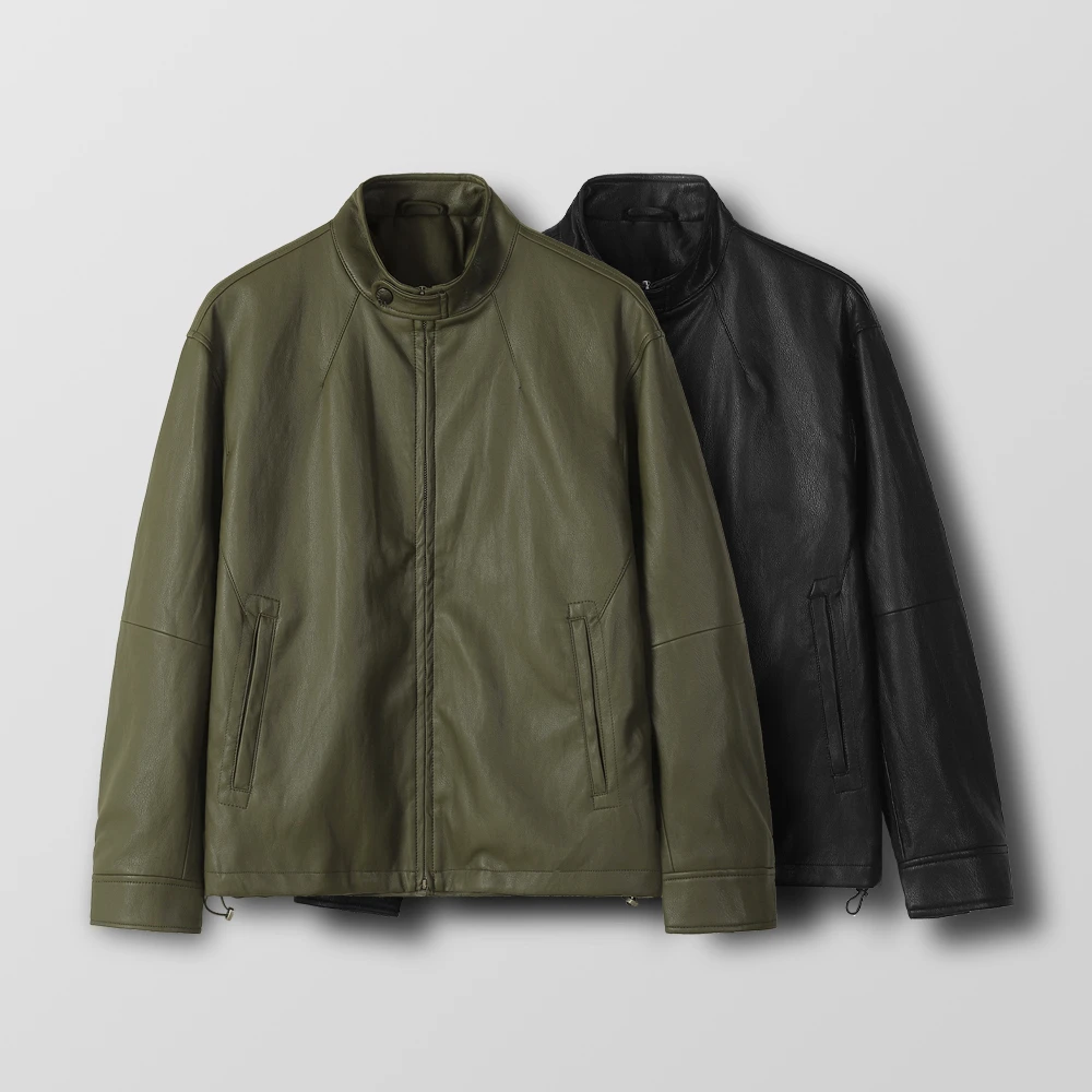 秋季时尚百搭男士柔软立领宽松皮衣外套pu皮夹克休闲简约秋冬