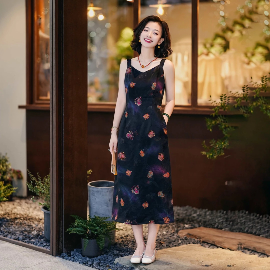 西子/【彩葫吊带】22姆米桑蚕丝七彩葫芦印花吊带黑色长裙/CQTJ280