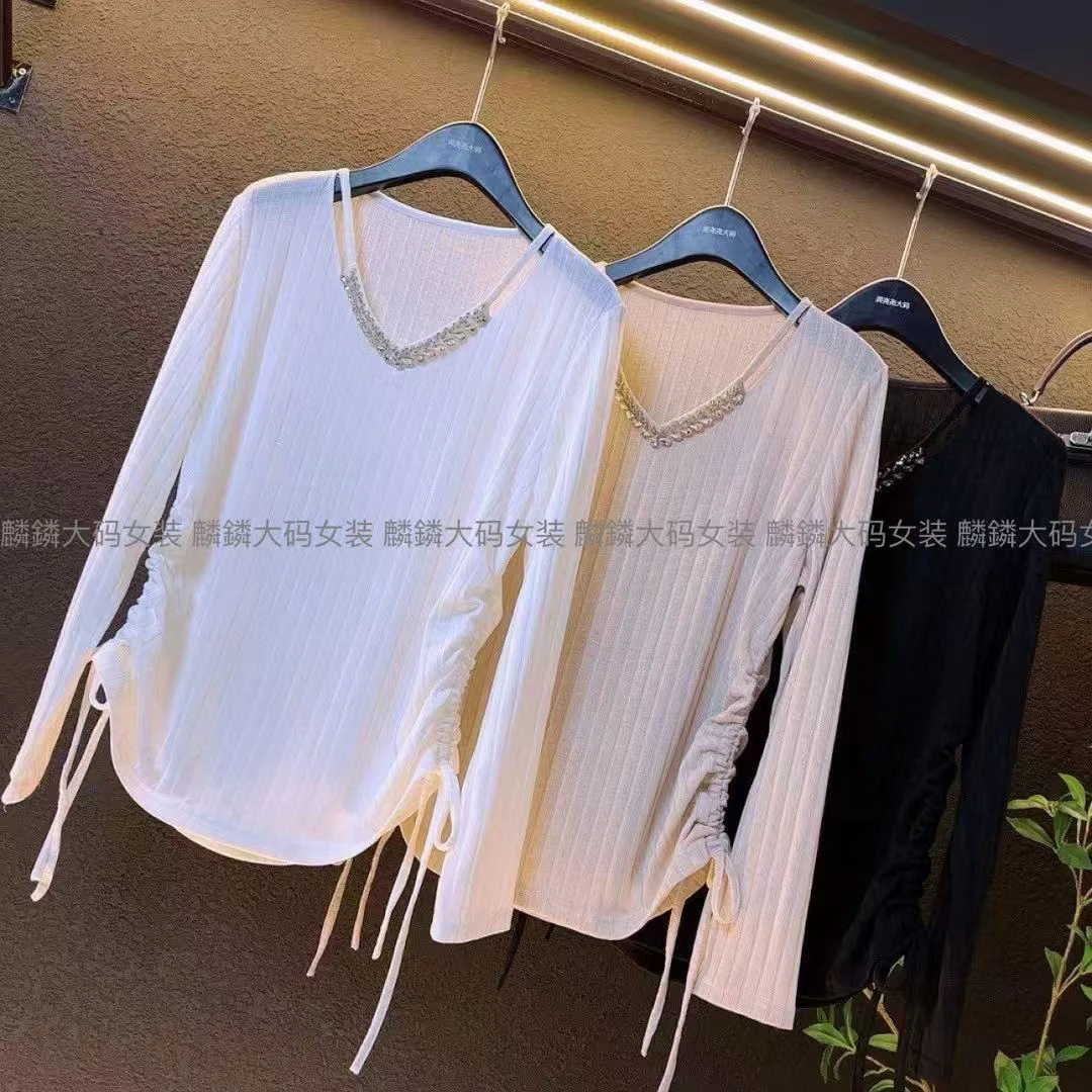 新款简约大码V领2025春季宽松套头上衣百搭抽绳收腰显瘦小衫/3123