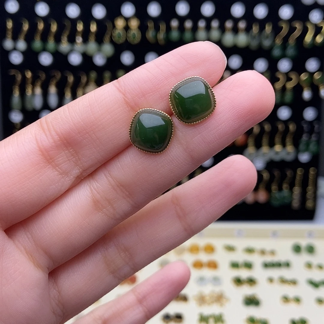 和田玉银S925镶嵌耳饰