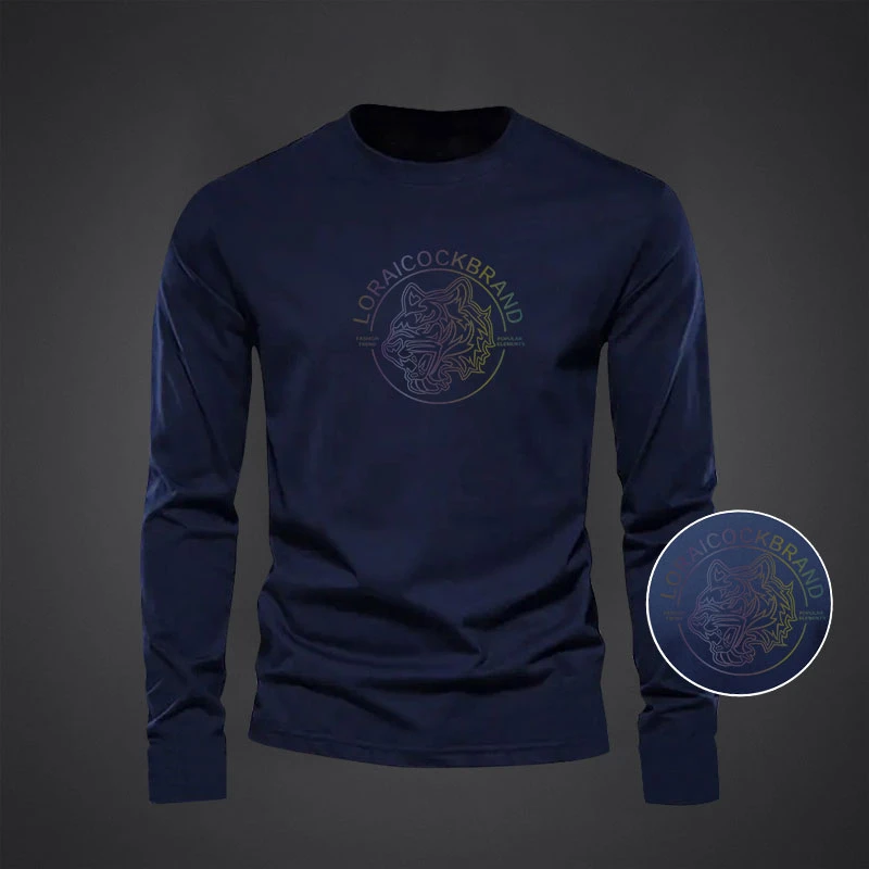 罗乐公鸡2025新款长袖T恤男装圆领时尚印花秋衣潮流打底修身上衣