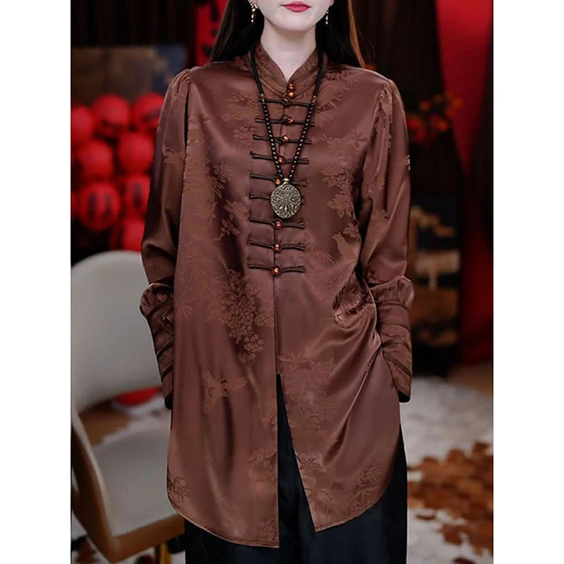 高级感国风提花盘扣立领衬衫女2025秋季新款时尚百搭遮肉显瘦衬衣