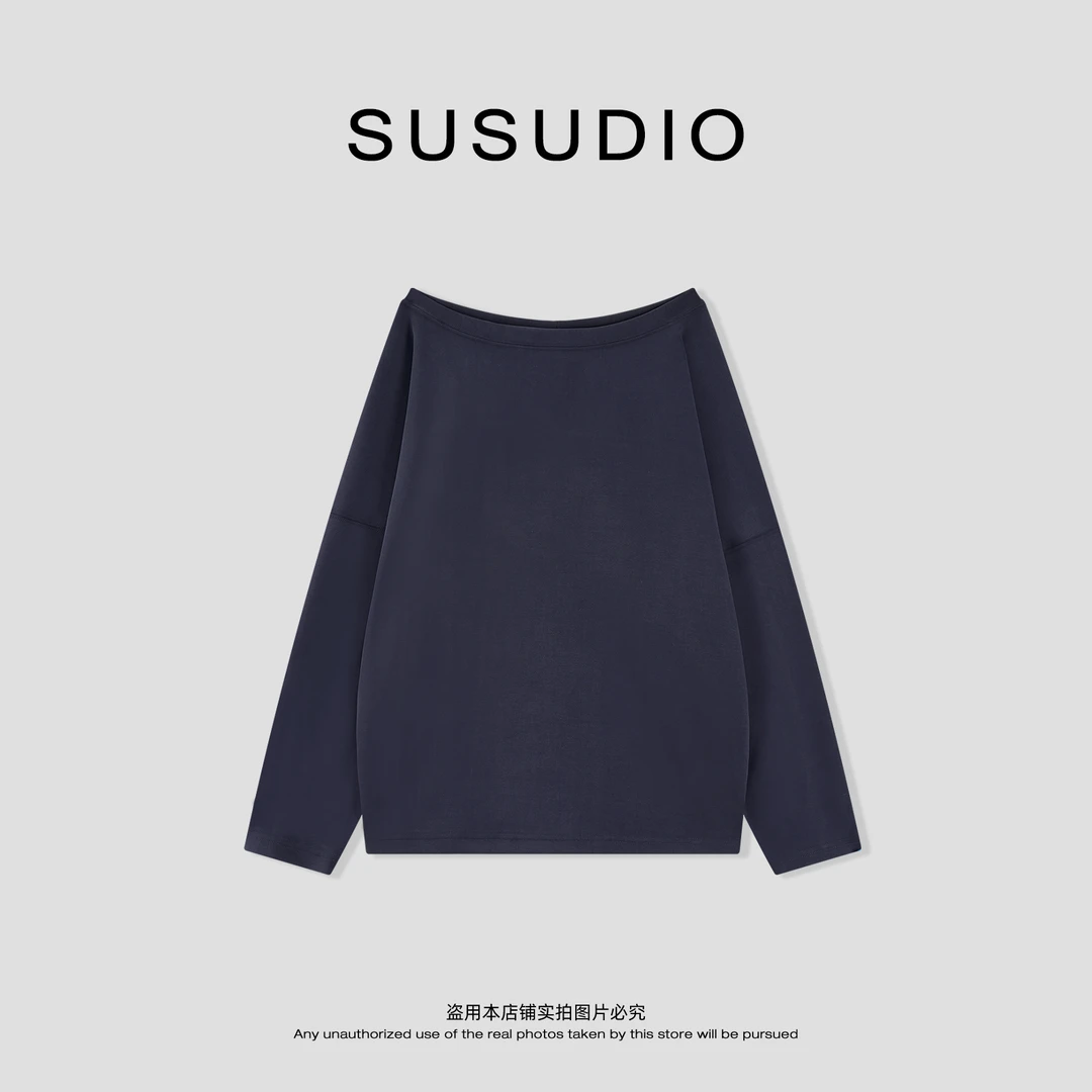 SUSUDIO 早秋简约宽松斜肩一字肩百搭显瘦长袖卫衣 B2002