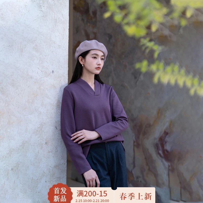 言作原创设计2025早春加厚空气棉复古V领针织上衣T恤 美好祝愿 三