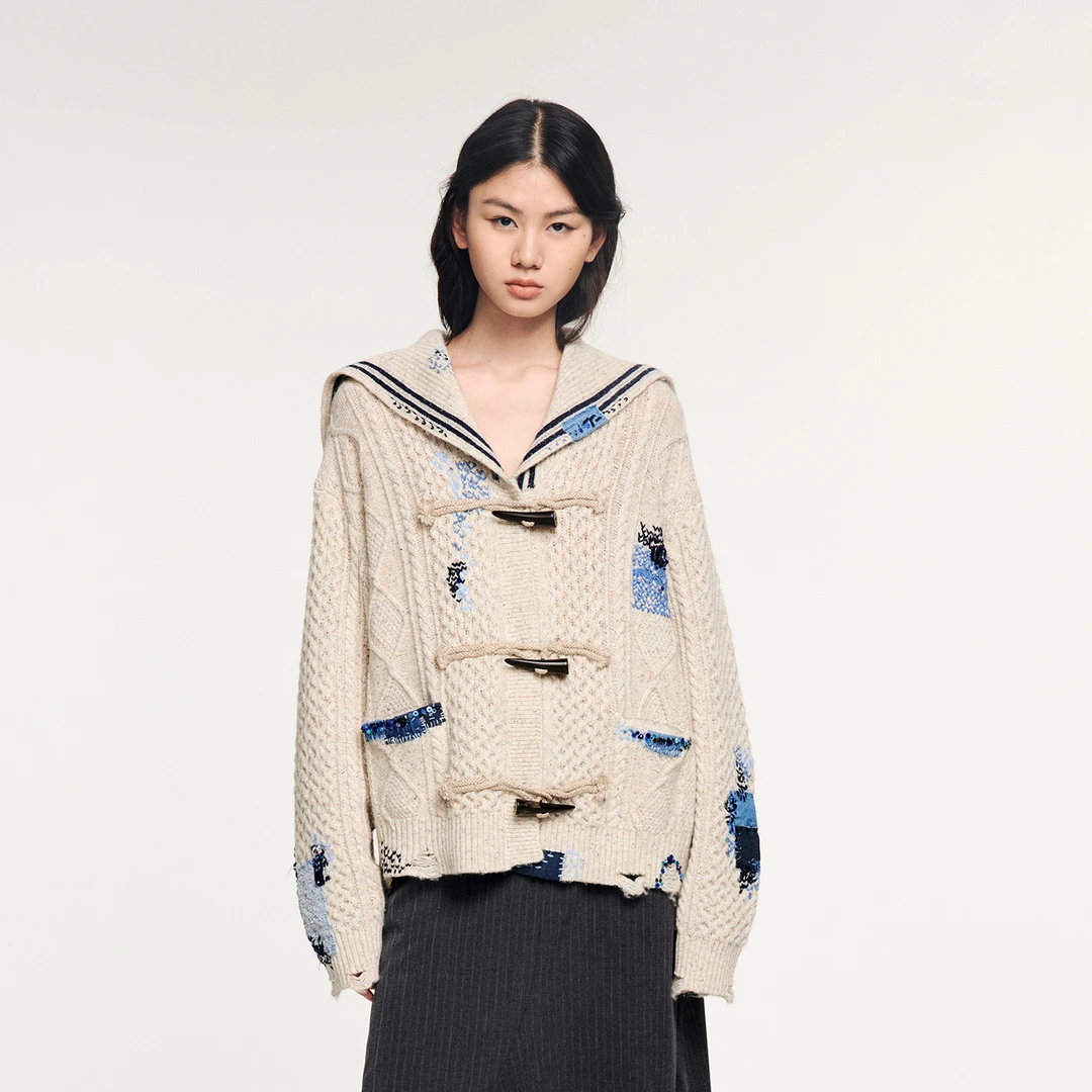 UOOYAA/乌丫经典复古海军领绞花毛开衫9144