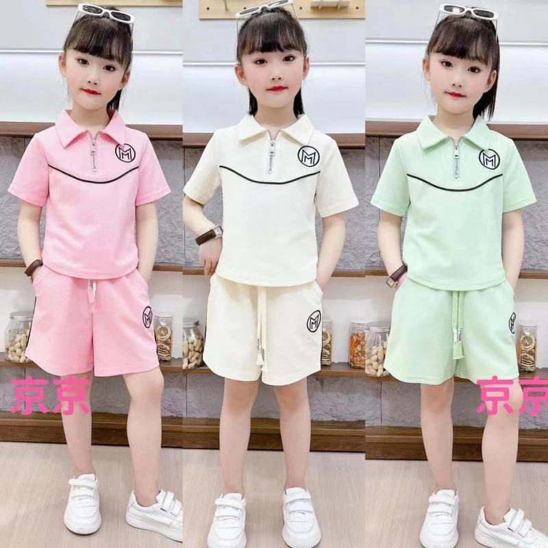 女童运动休闲2025新款中大童套装时尚POLO衫领短袖两件套潮欧若风