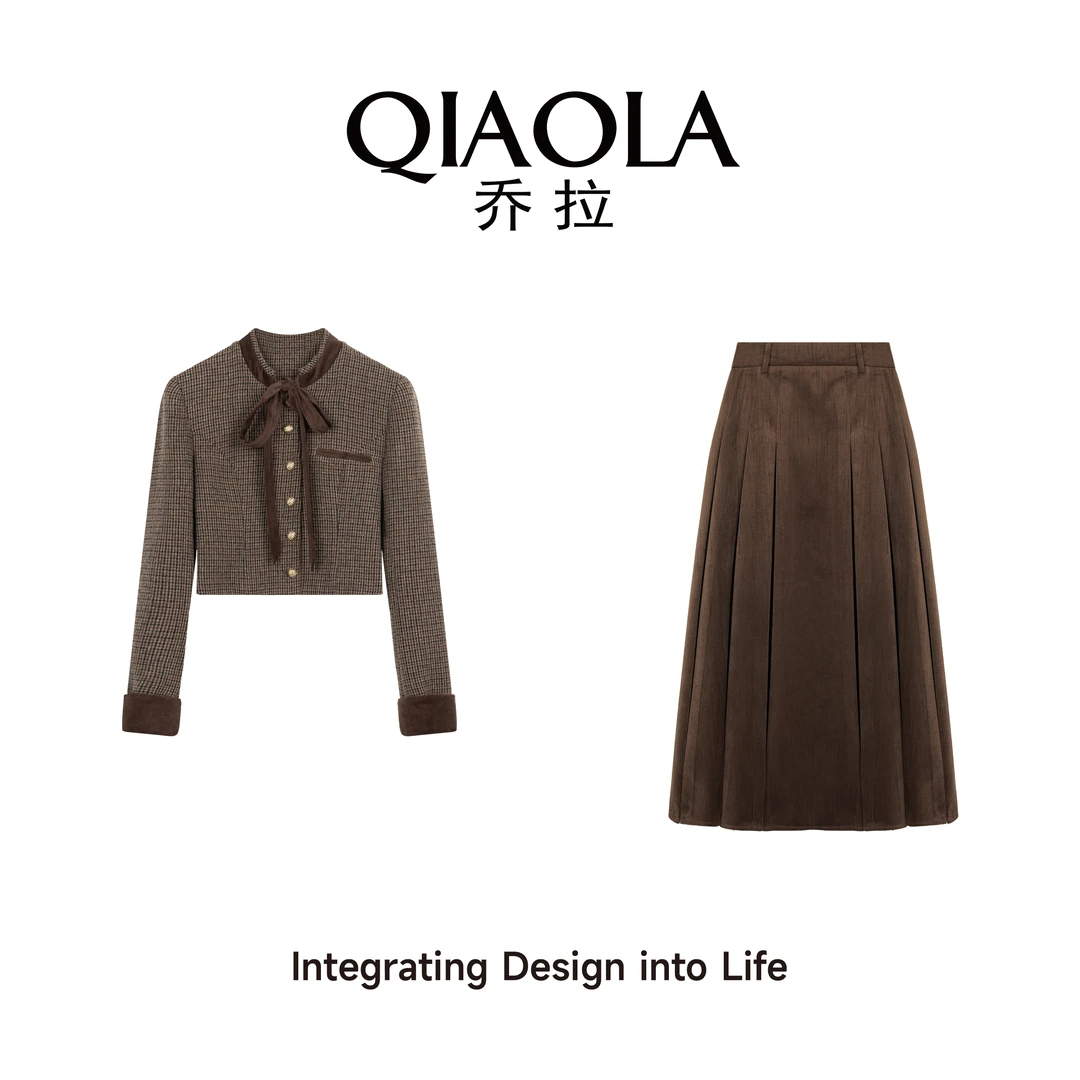 QIAOLA/乔拉【时光琥珀】秋冬季格纹毛呢灯芯绒绑带A版时尚套装预售