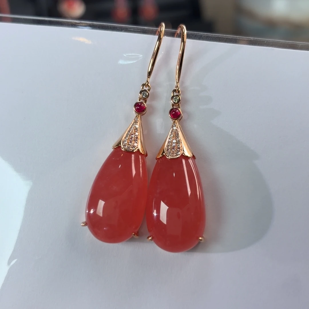 18K金镶嵌菱锰矿（红纹石）耳坠