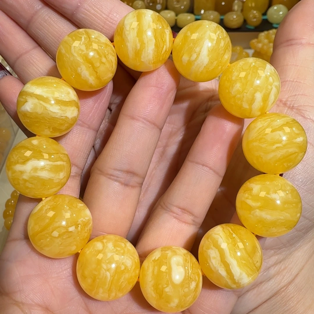 ****小琥珀未镶嵌珠宝奇石20m焦皮同料橘黄虎皮一线天手串53.9