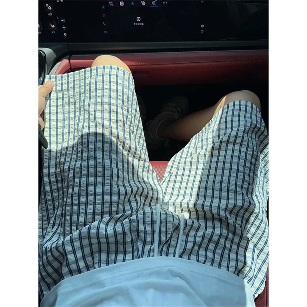 干净男生短裤夏季五分裤拼接格子短裤夏季薄款直筒裤子休闲阔腿裤