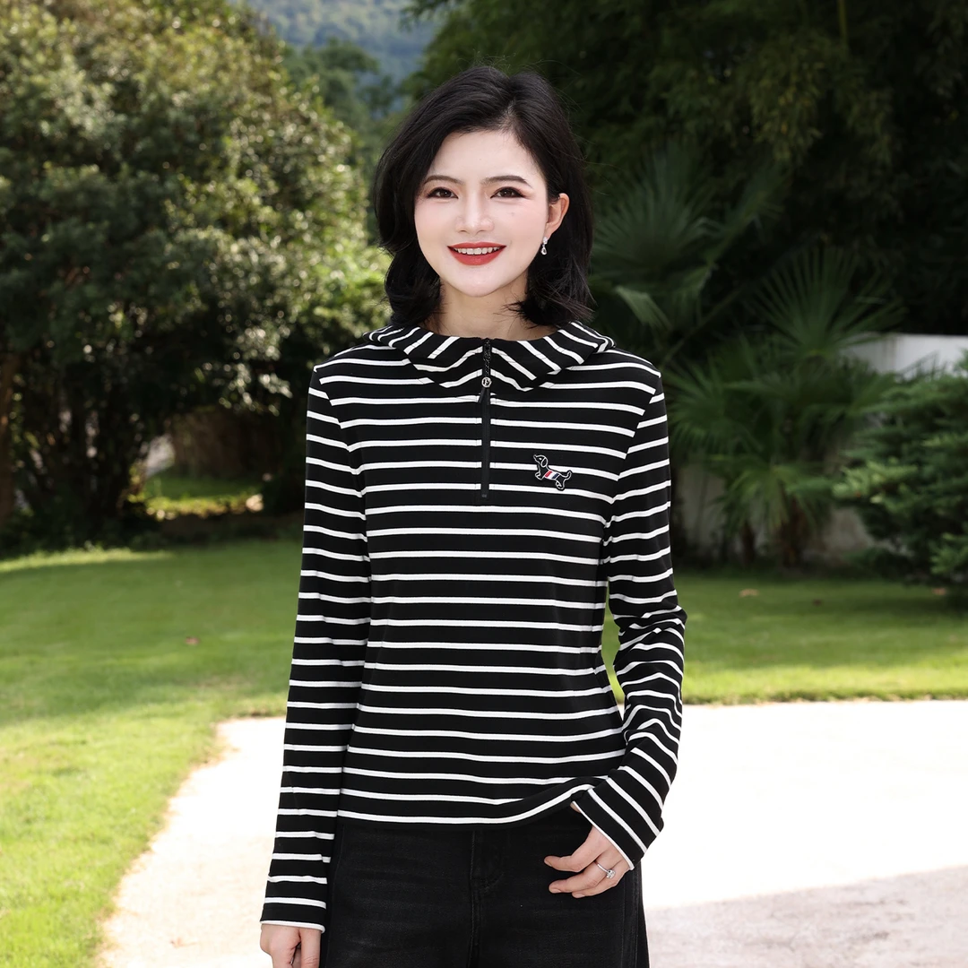 枫竺阿楠anan条纹半拉链双面德绒连帽卫衣腊肠狗刺绣长袖女秋上衣