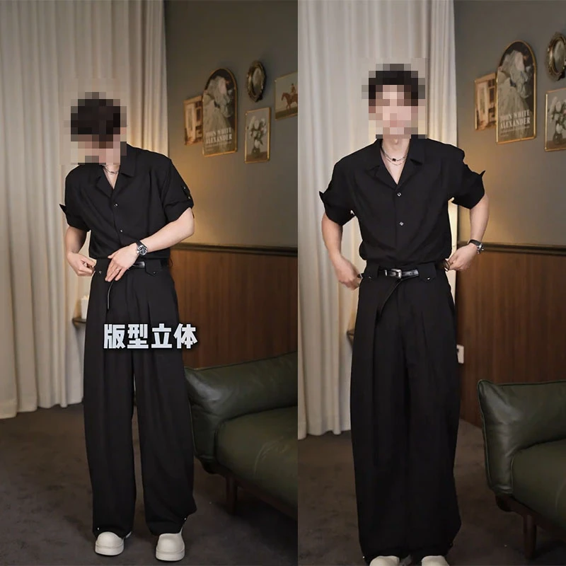 龙刀刀夏季新款潮流简约感短袖复古宽松衬衫阔腿垂感长裤休闲套装