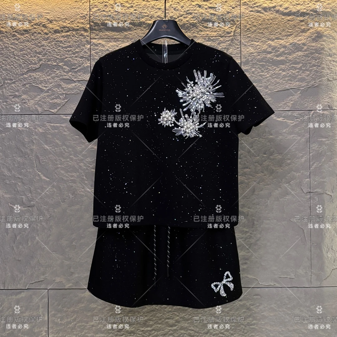 WMA-A40设计师款丨绽放烟花重工宽松版夏季T恤短裤裙时尚套装