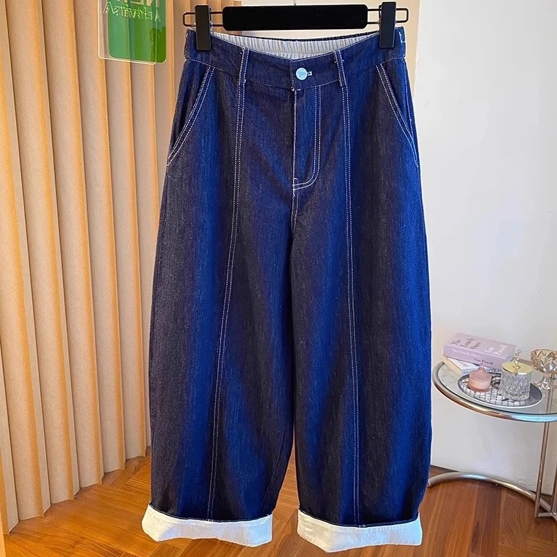夏季新款大码显瘦九分弯刀牛仔裤胖妹妹气球裤高腰直筒宽松阔腿裤
