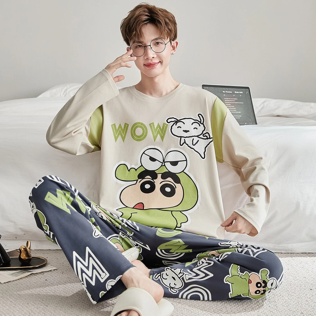 春秋季男款睡衣纯棉长袖卡通青少年男士薄款大码学生家居服套装