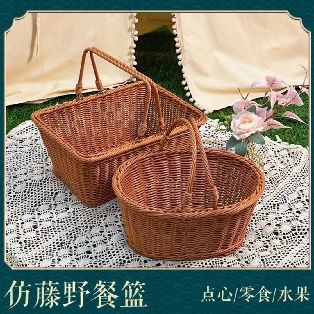 A520棕色长方双提手购物篮纯工编织买菜篮大号