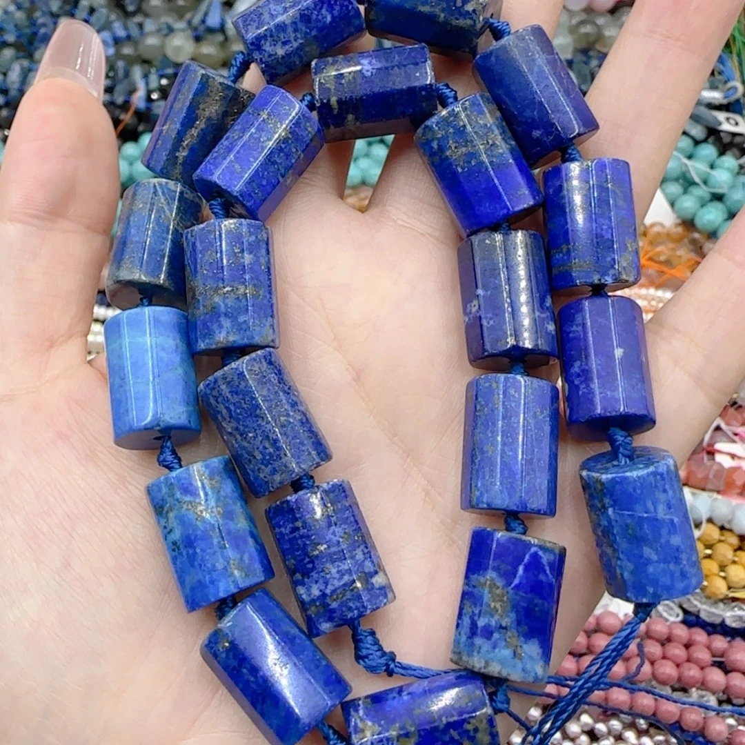 玛瑙/玉髓未镶嵌珠宝半成品原矿青金切面管珠一条