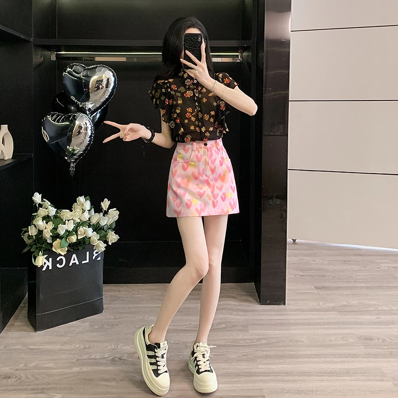 夏季新款时尚套装女短袖上衣碎花休闲牛仔半身裙气质两件套女