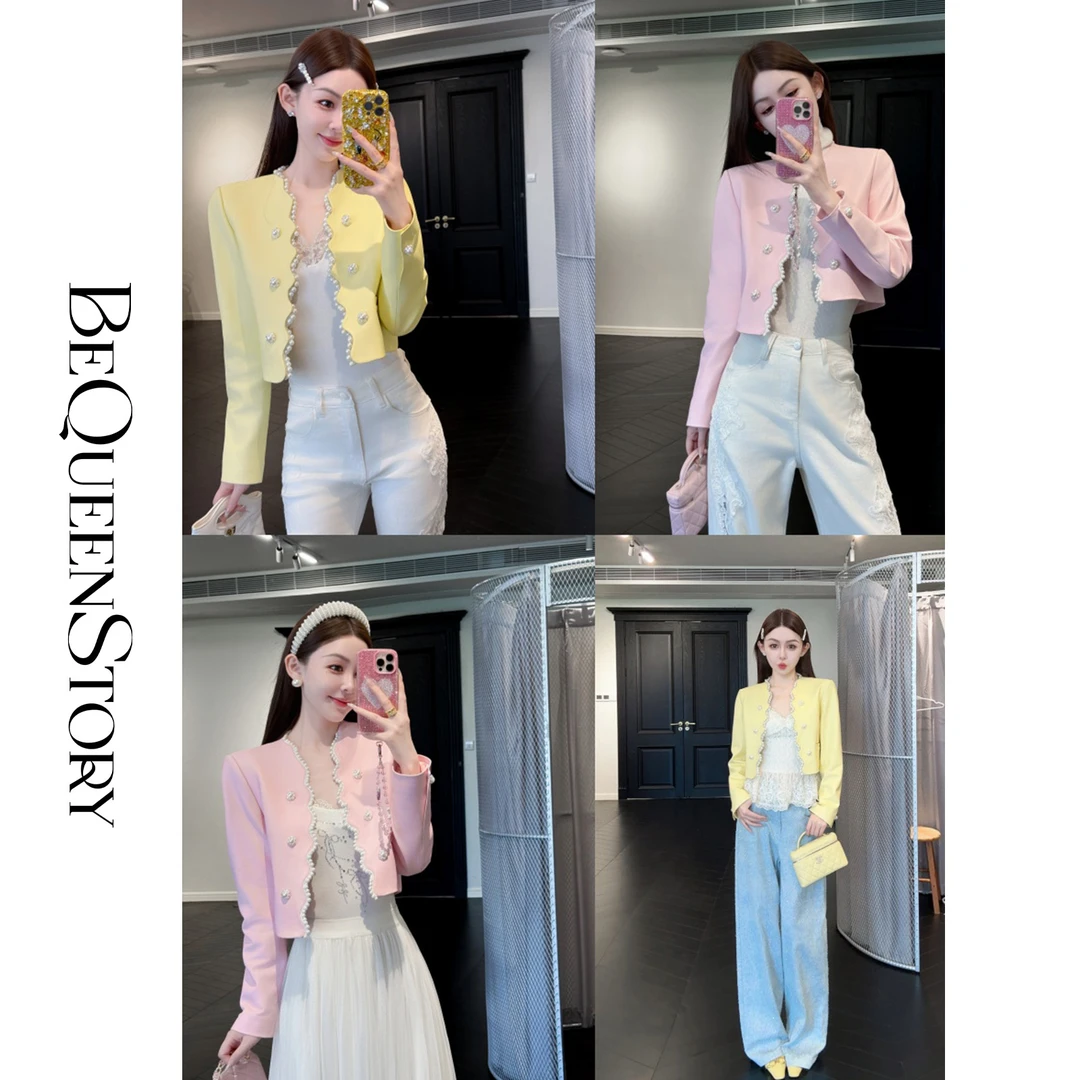 余潇潇【罗马假日】轻奢高级感100绵羊皮重工镶嵌珍珠V领短款皮衣女