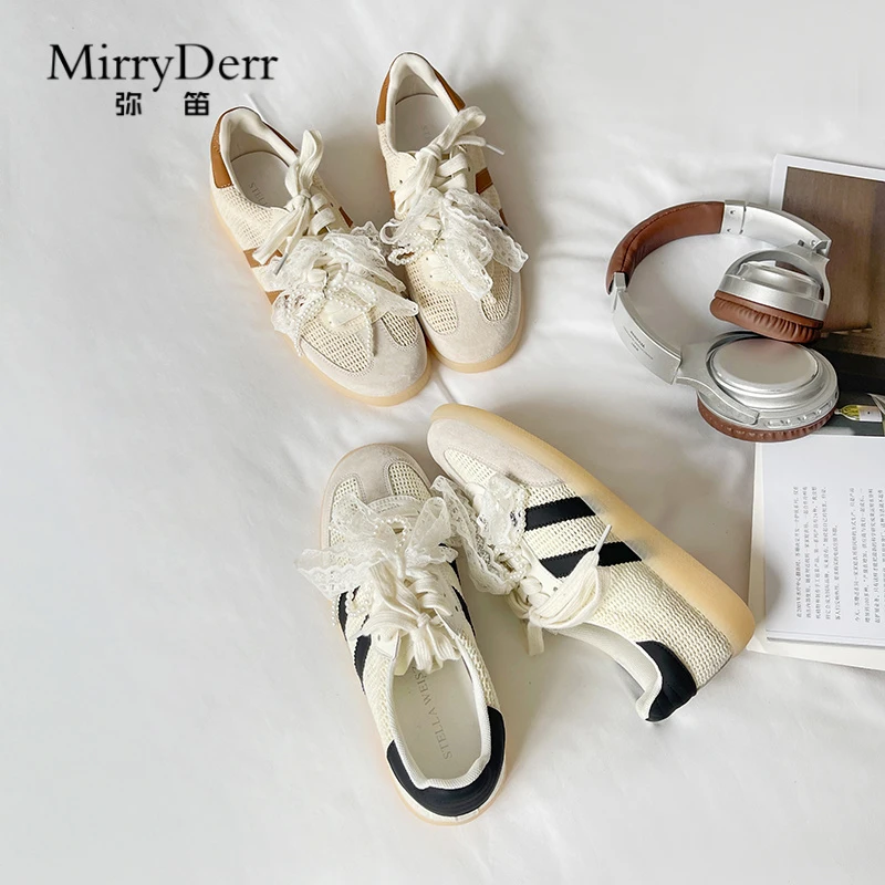 芭蕾风珍珠丝带网面透气德训鞋女2025新款系带运动休闲阿甘鞋板鞋
