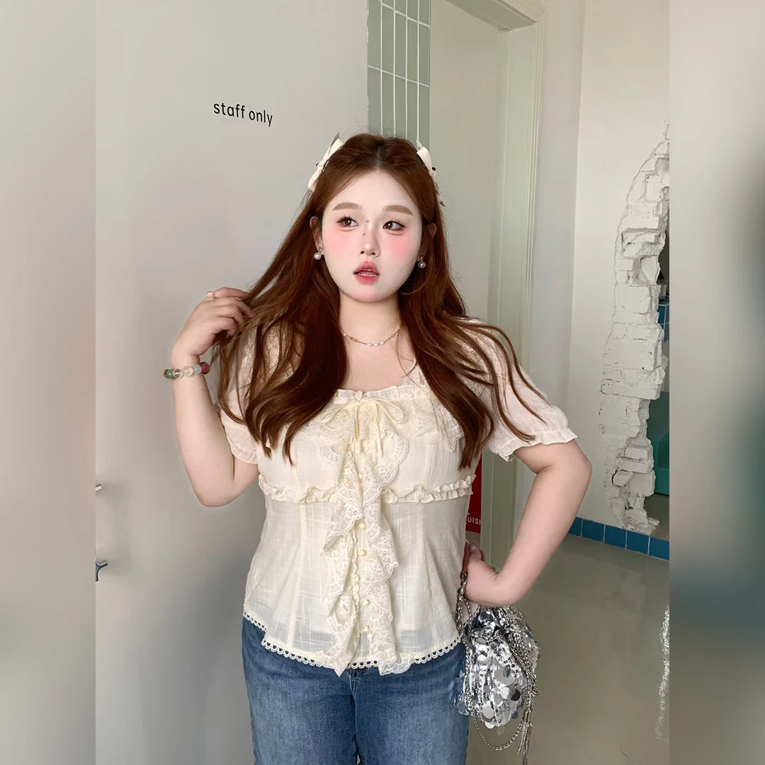 35徐达布【夏日氣痕】大码法式衬衫女微胖蕾丝花边衬衣C36471C52