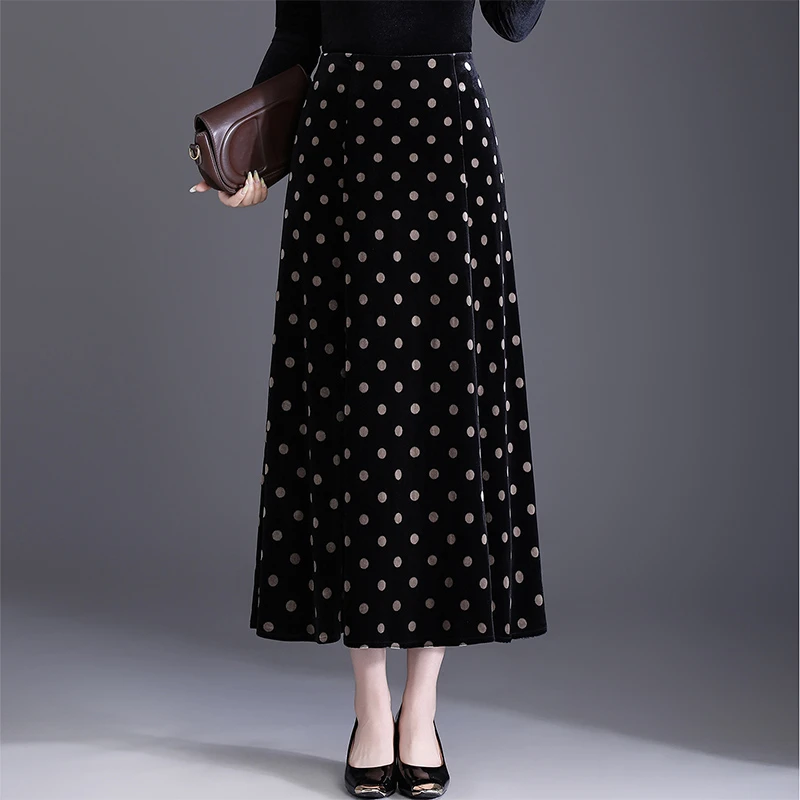 黑色波点半身裙女春秋季新款气质长裙金丝绒裙子a字伞裙