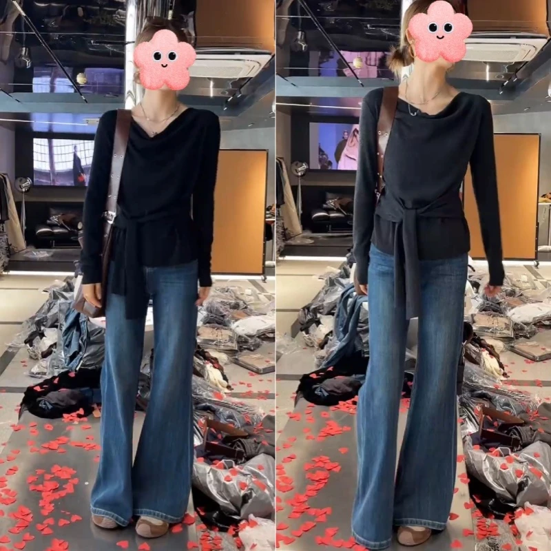 慵懒风修身型长袖针织上衣+时尚百搭修身显瘦微喇直筒裤LK2505879