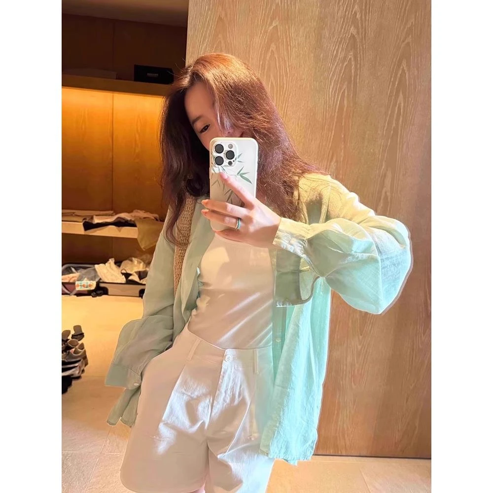 休闲法式绿色棉麻衬衫女夏季薄款慵懒松弛感宽松开衫海边度假上衣