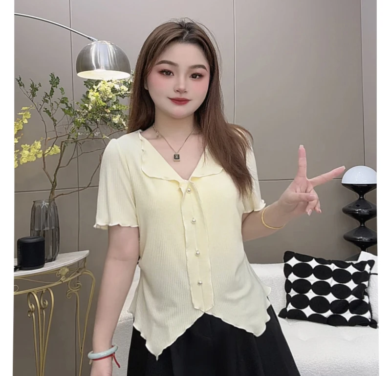 2025夏季新款法式温柔风荷叶边拼接针织衫女小个子百搭显瘦上衣
