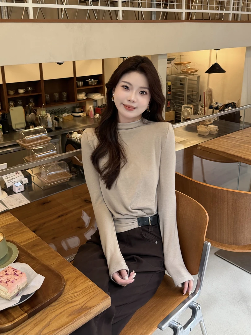 【幽影花语】韩系气质半高领长袖t恤女腰带设计感垫肩收腰打底衫冬