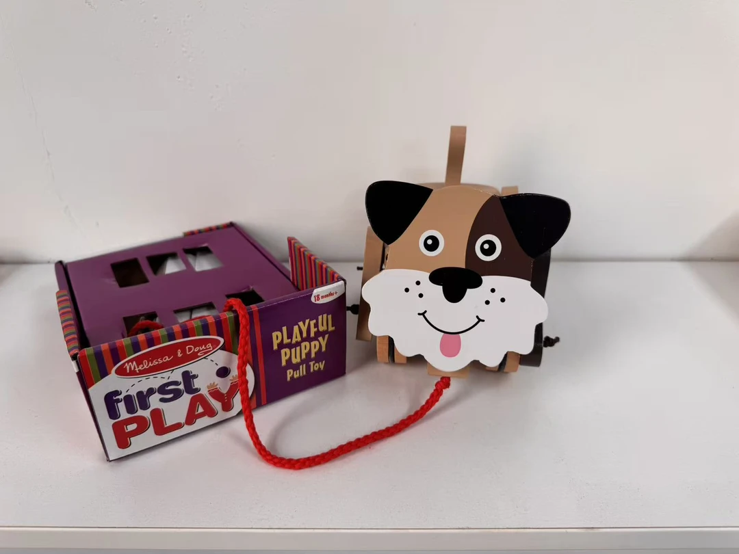 原色小狗手拉车木制小拉车宝宝拖拉学步玩具适合1 - 3岁