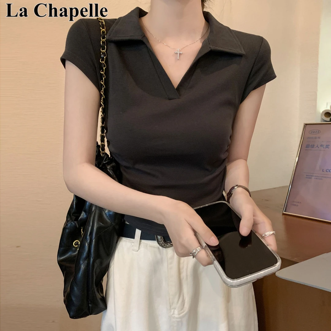 拉夏贝尔韩版纯色POLO领基础款短袖T恤女夏季气质百搭显瘦上衣ins