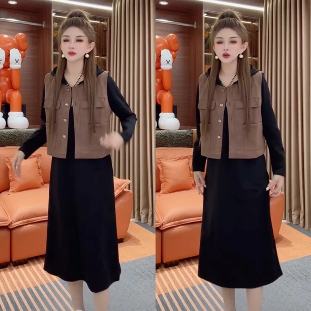2025秋季新款洋气女宽松显瘦百搭气质时尚网红同款马甲裙子两件套