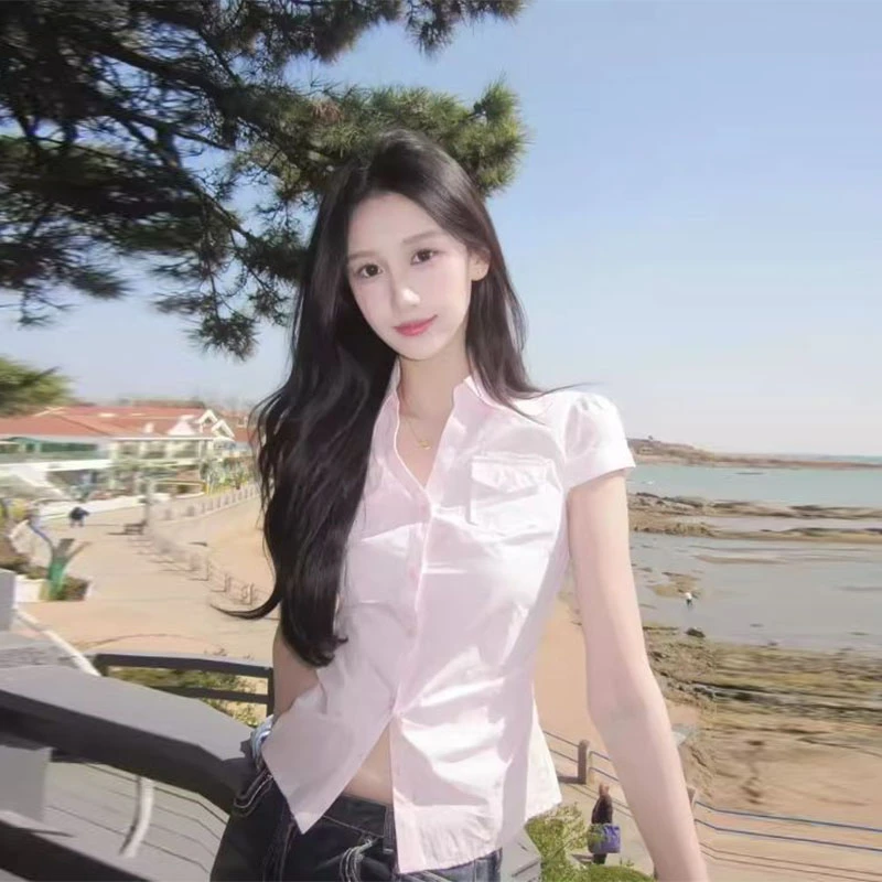 小个子穿搭粉色Polo领短袖衬衫女夏季韩系学院风修身显瘦开衫衬衣