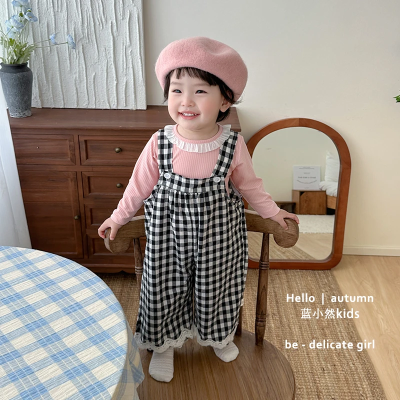 K25C125春季新款女宝宝洋气背带裤韩系儿童格子拼色蕾丝花边裤子