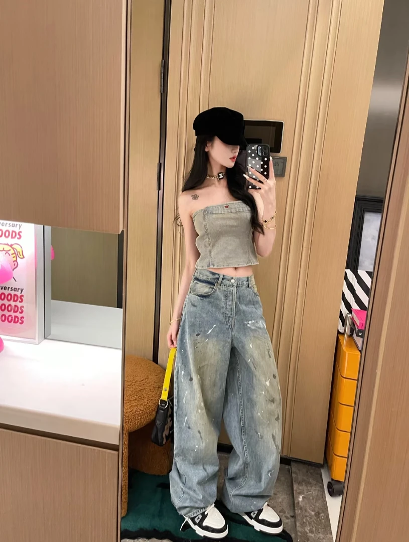【金豆豆】时尚百搭显瘦高腰阔腿垂感立体女牛仔裤女