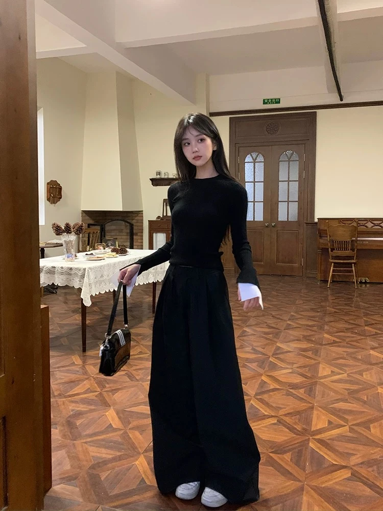 8607黑色西装阔腿裤女春季直筒休闲裤宽松高腰垂感显瘦拖地裤