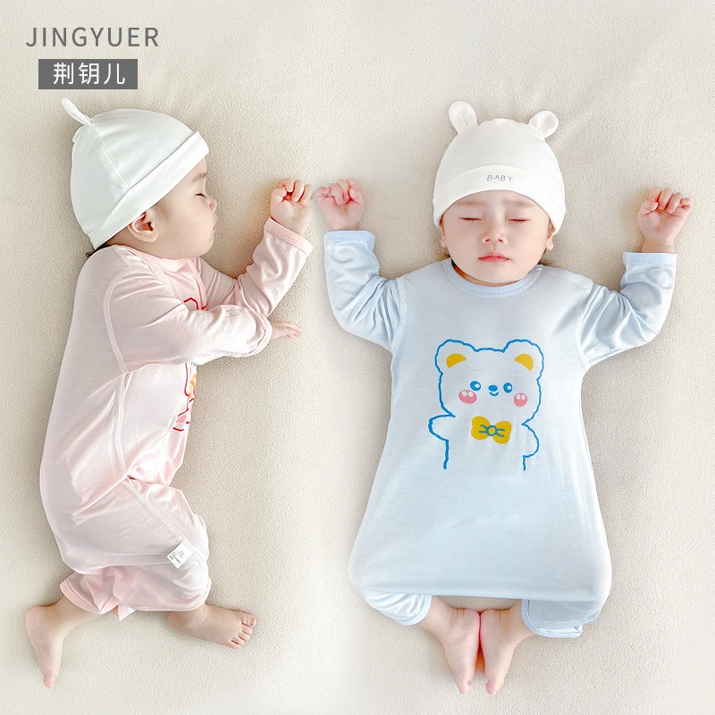 婴儿连体衣莫代尔夏季薄款睡袍新生宝宝衣服哈衣睡衣春秋长袖